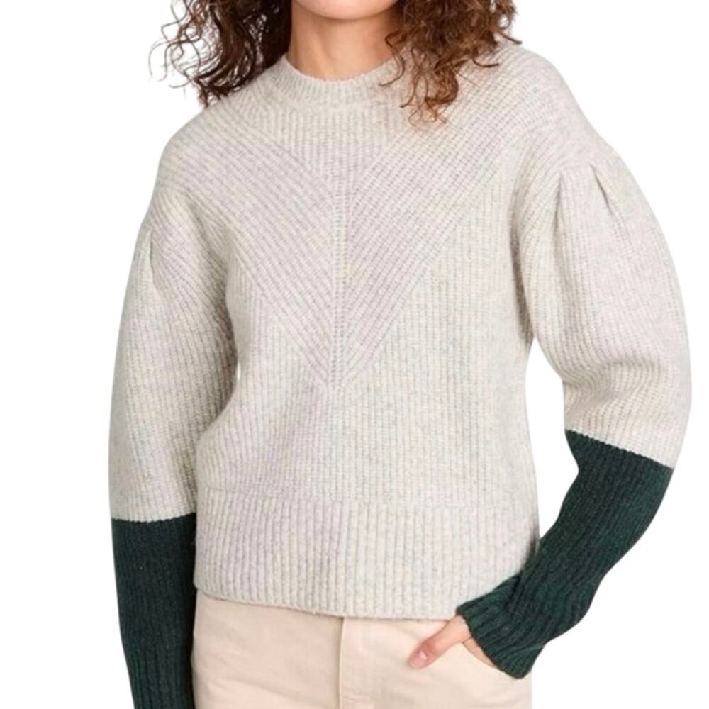 Tanya Taylor Ollie Sweater XS Wool Alpaca Colorblock Puff Sleeve Gray Green Knit